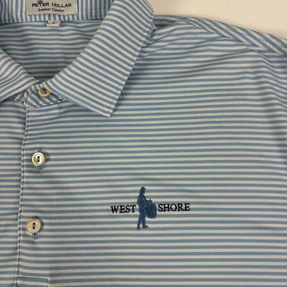 Peter Millar Summer Comfort Golf Polo Shirt Men's Large West Shore Logo Light Bl - Picture 5 of 8